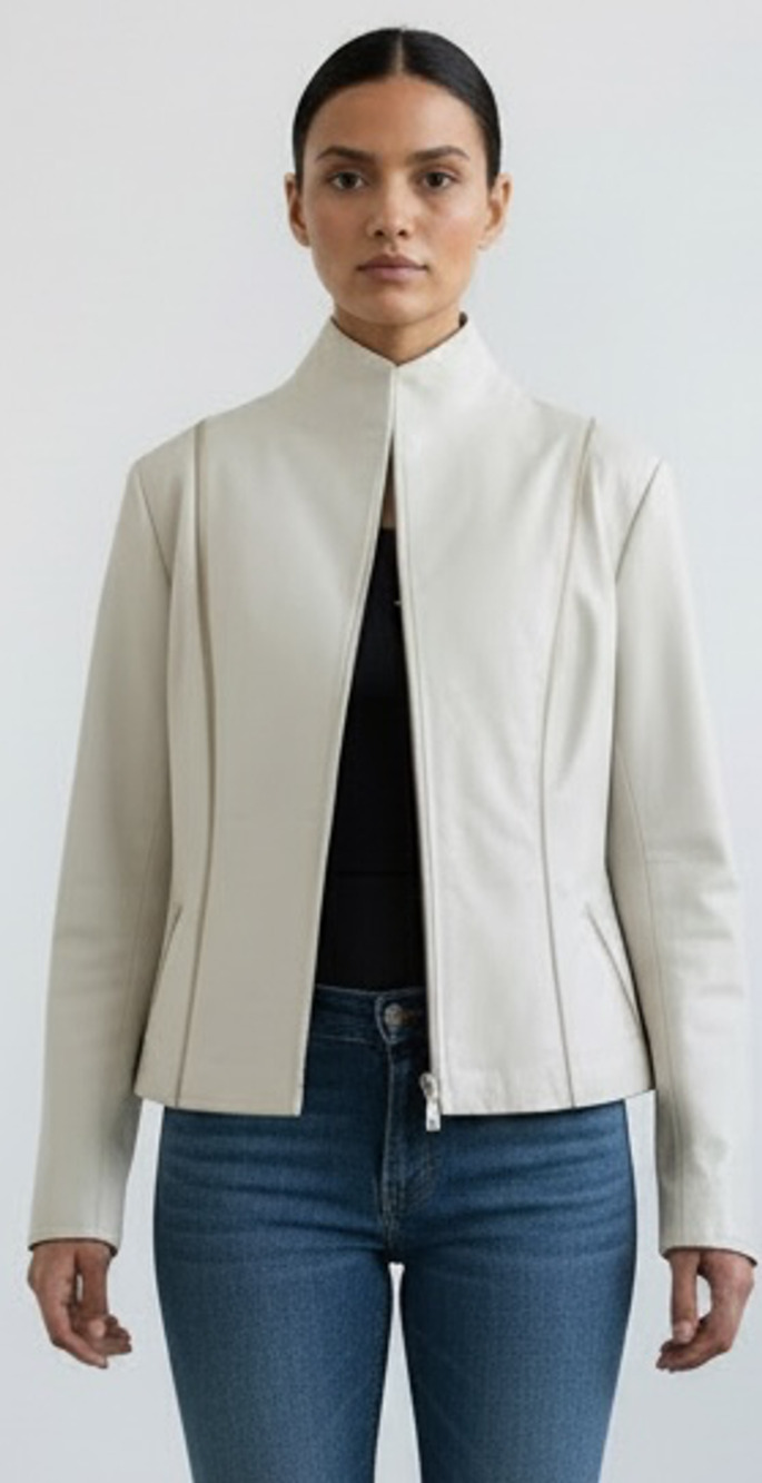 Skormar Women's Cream Beige Leather Mock Collar Moto Jacket.